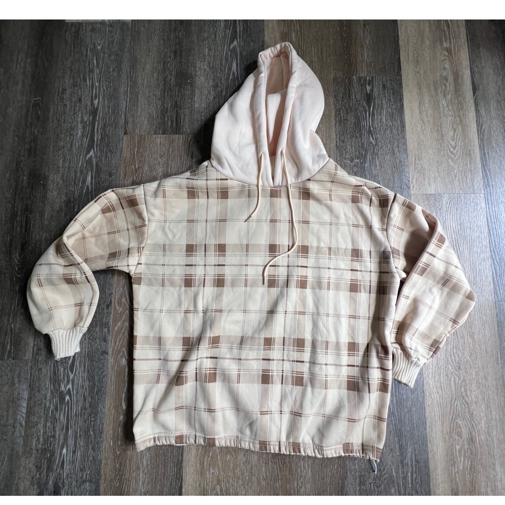 SHBL Plaid Hoodie Womens Large Tan Brown Checkered Oversized Pullover Sweatshirt